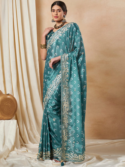 Women's Chiffon Teal blue Embellished Designer Saree With Blouse Piece