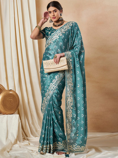 Women's Chiffon Teal blue Embellished Designer Saree With Blouse Piece