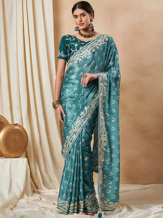 Women's Chiffon Teal blue Embellished Designer Saree With Blouse Piece
