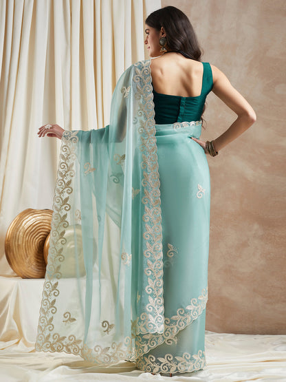 Women's Organza Turquoise Embroidered Designer Saree With Blouse Piece
