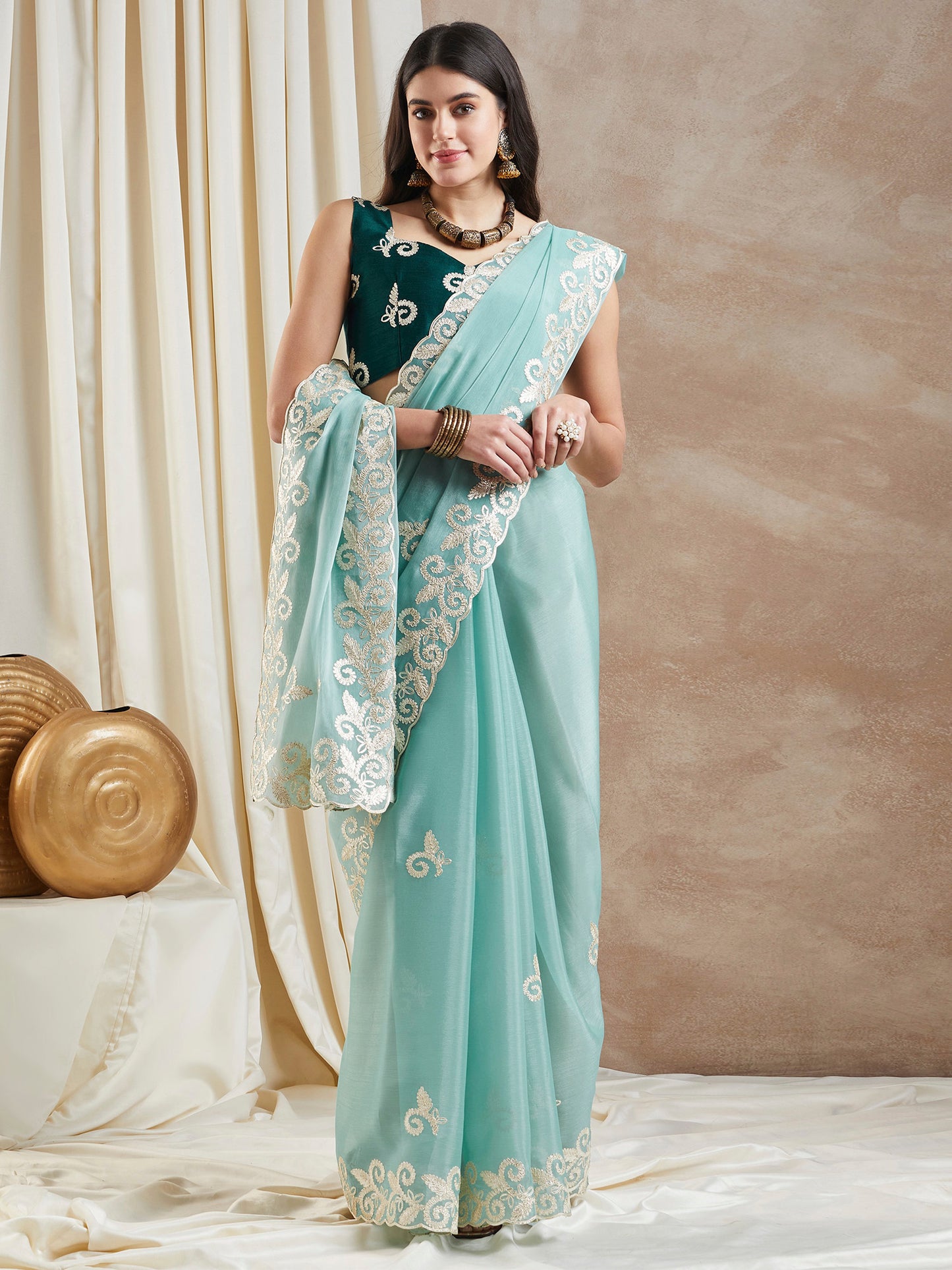 Women's Organza Turquoise Embroidered Designer Saree With Blouse Piece