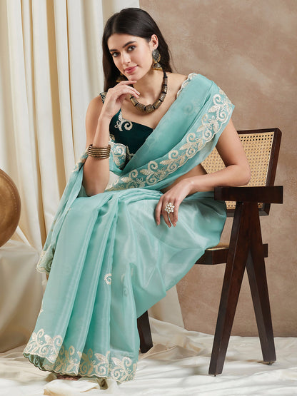 Women's Organza Turquoise Embroidered Designer Saree With Blouse Piece