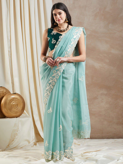 Women's Organza Turquoise Embroidered Designer Saree With Blouse Piece