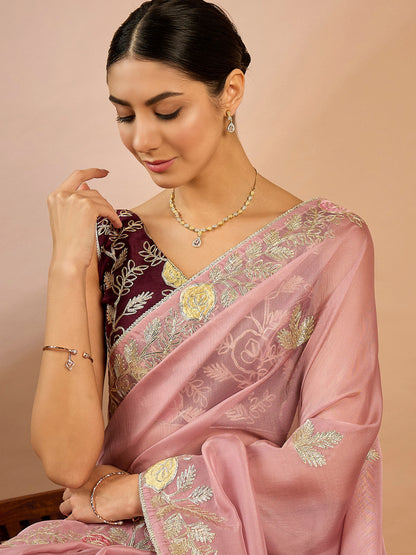 Women's Organza Mauve Embellished Designer Saree With Blouse Piece