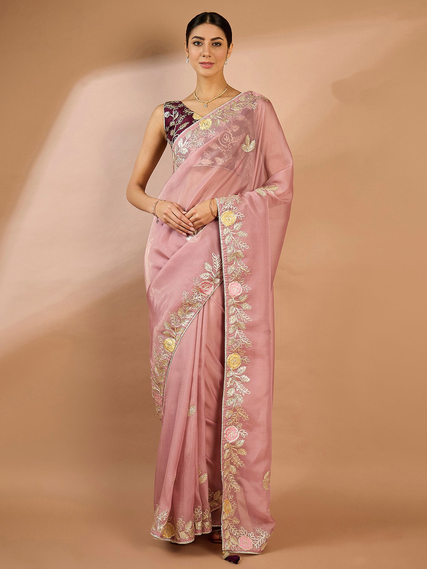 Women's Organza Mauve Embellished Designer Saree With Blouse Piece