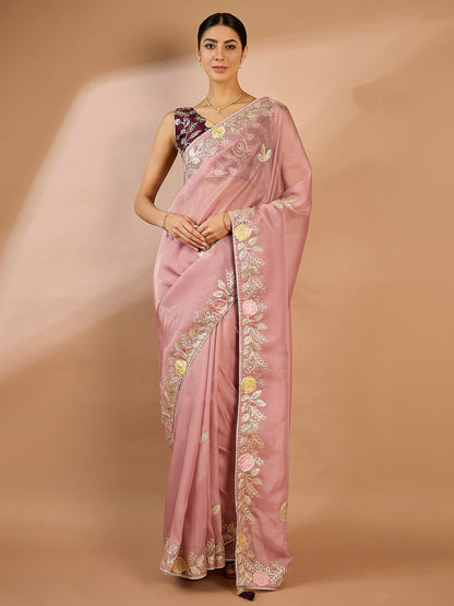 Women's Organza Mauve Embellished Designer Saree With Blouse Piece