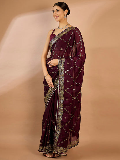 Women's Organza Burgundy Embellished Designer Saree With Blouse Piece