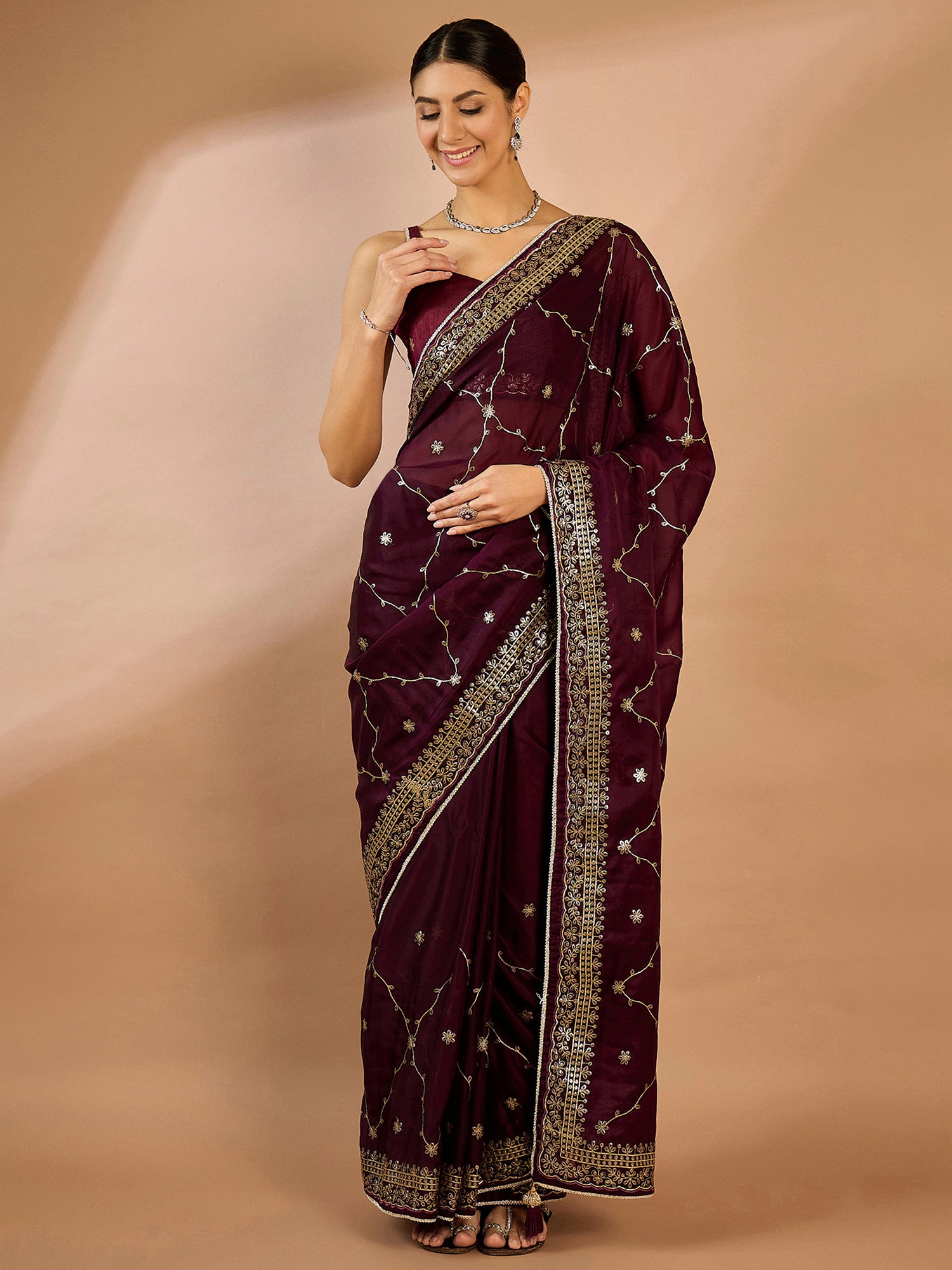 Women's Organza Burgundy Embellished Designer Saree With Blouse Piece