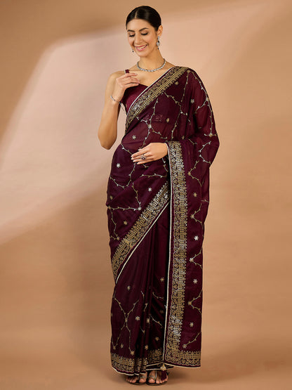Women's Organza Burgundy Embellished Designer Saree With Blouse Piece