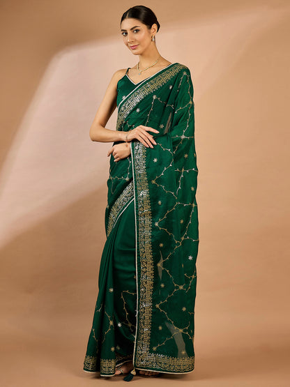 Women's Organza Green Embellished Designer Saree With Blouse Piece
