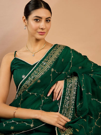 Women's Organza Green Embellished Designer Saree With Blouse Piece