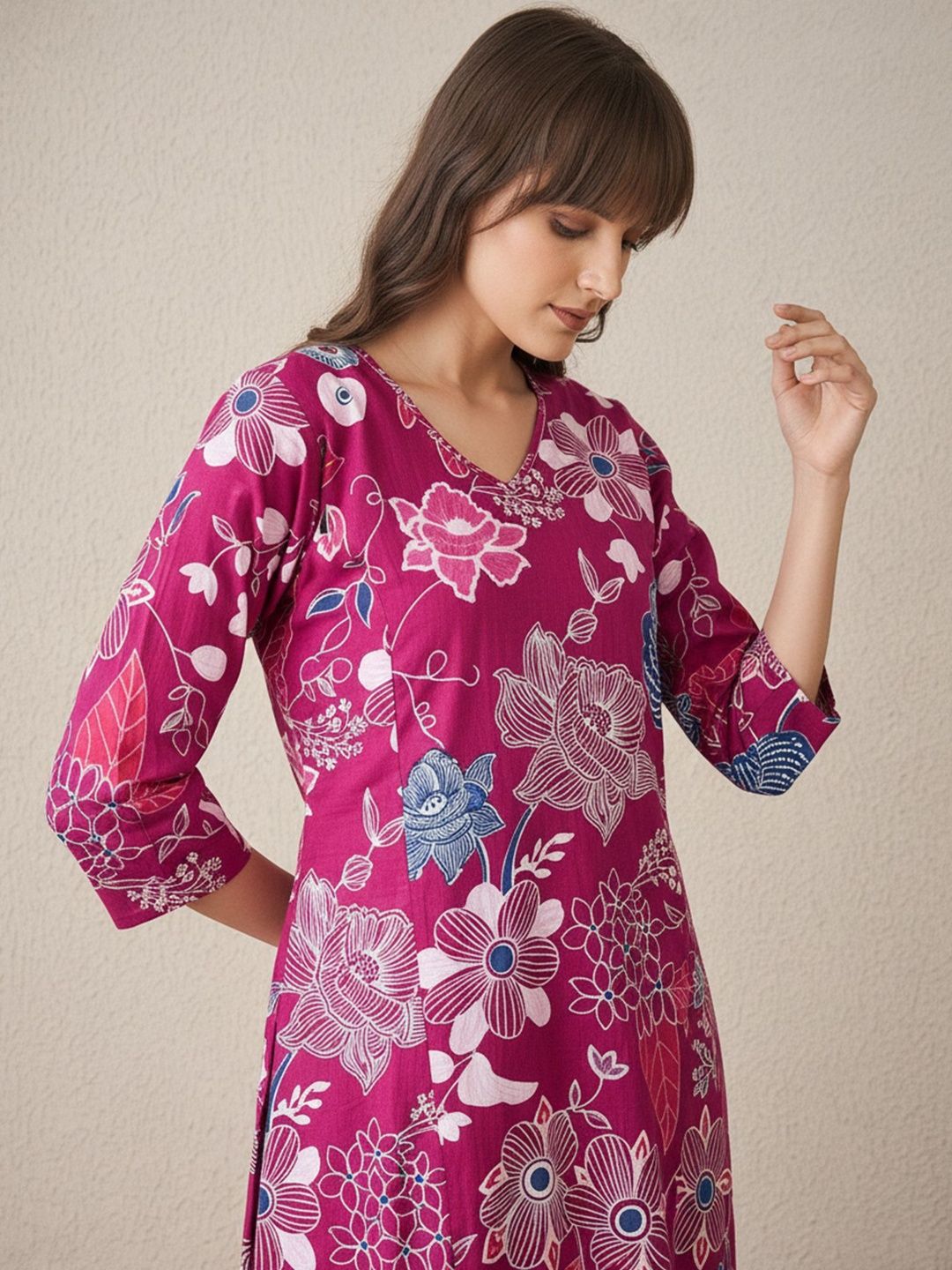 Floral Printed V-Neck Pure Cotton A-Line Kurta With Trouser