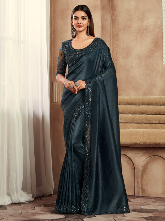 Women's Satin Silk Black Embellished Designer Saree With Blouse Piece