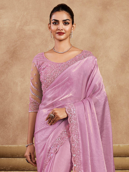 Women's Satin Silk Pink Embellished Designer Saree With Blouse Piece