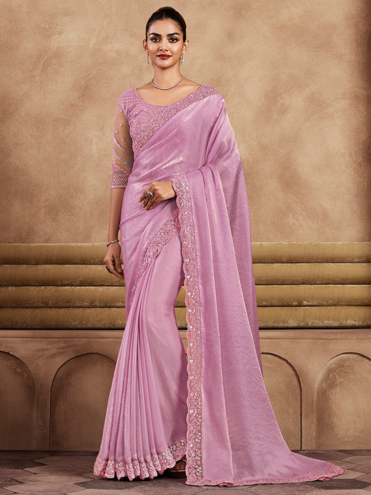 Women's Satin Silk Pink Embellished Designer Saree With Blouse Piece