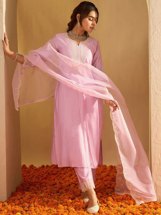 Dhiyona IE Floral Yoke Design Straight Sequinned Liva Kurta with Trousers & Dupatta