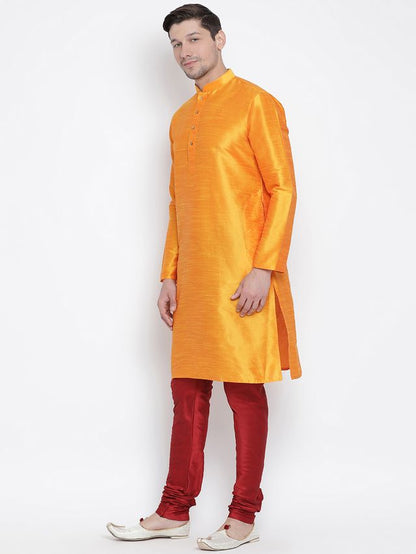 Men's Orange Silk Blend Straight Kurta Pyjama Set