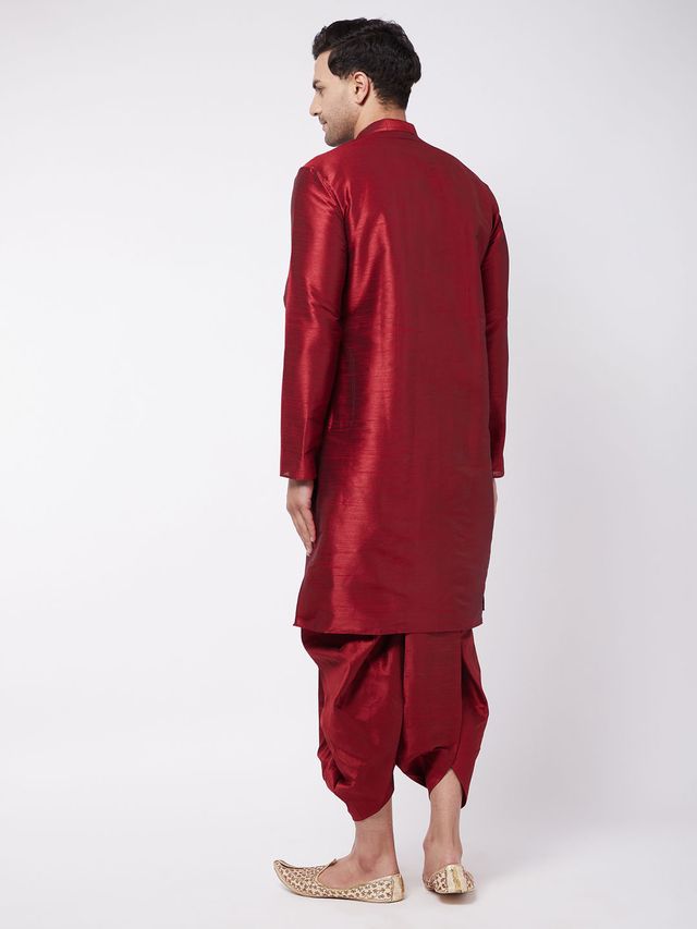 Men's Maroon Silk Blend Straight Kurta and Dhoti Set