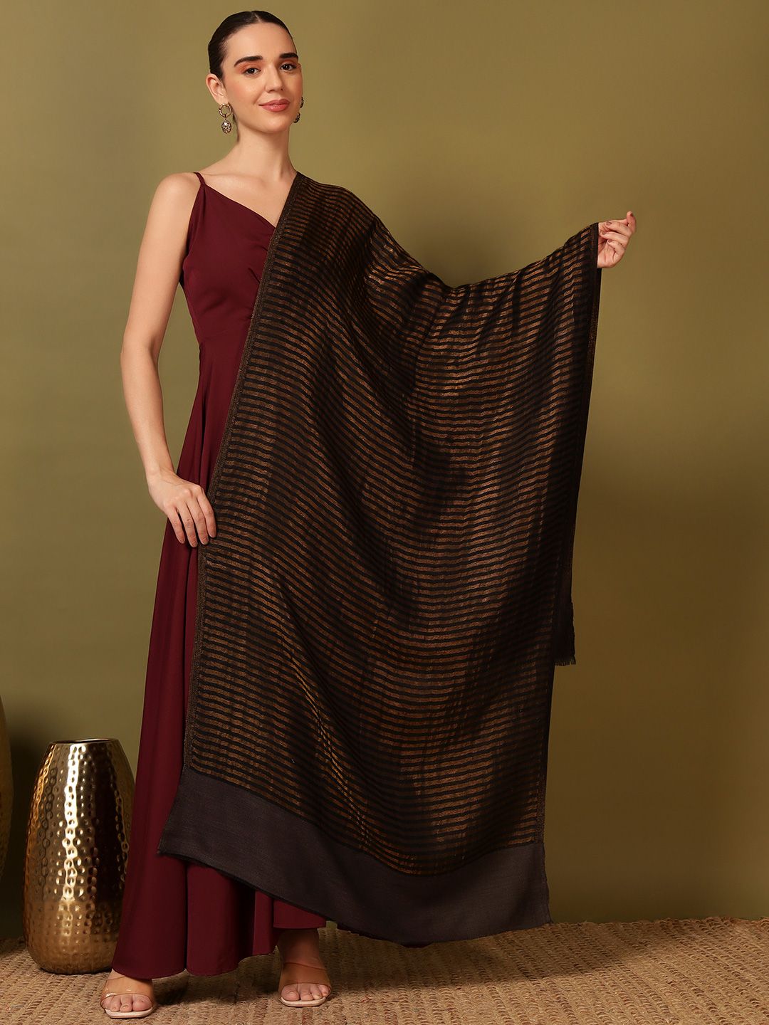 Dhiyona PA Striped Woven Design Woollen Reversible Shawl