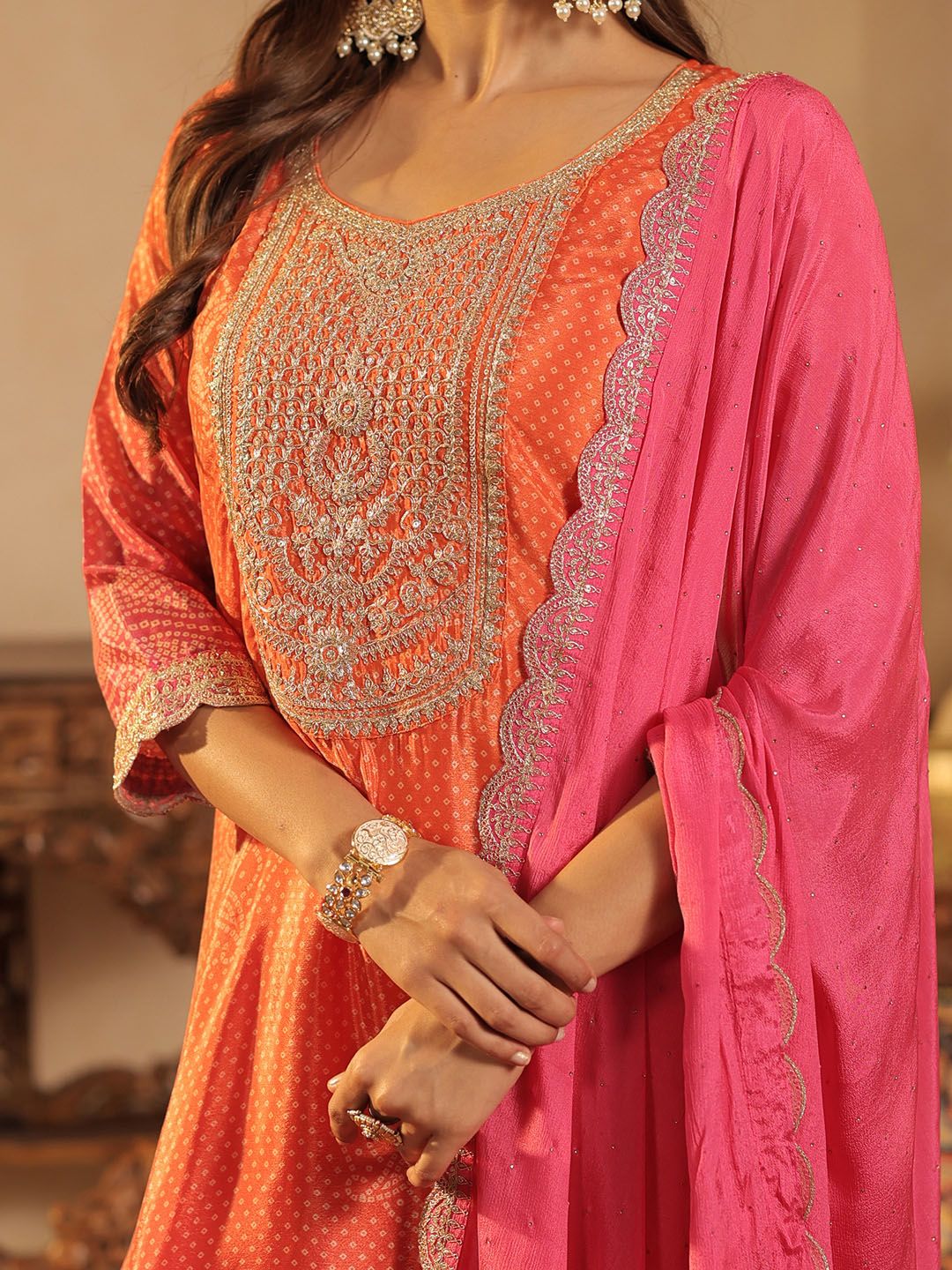 Bandhani Printed Straight Sequinned Kurta With Trousers & Dupatta