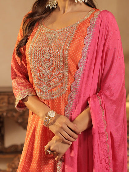 Bandhani Printed Straight Sequinned Kurta With Trousers & Dupatta