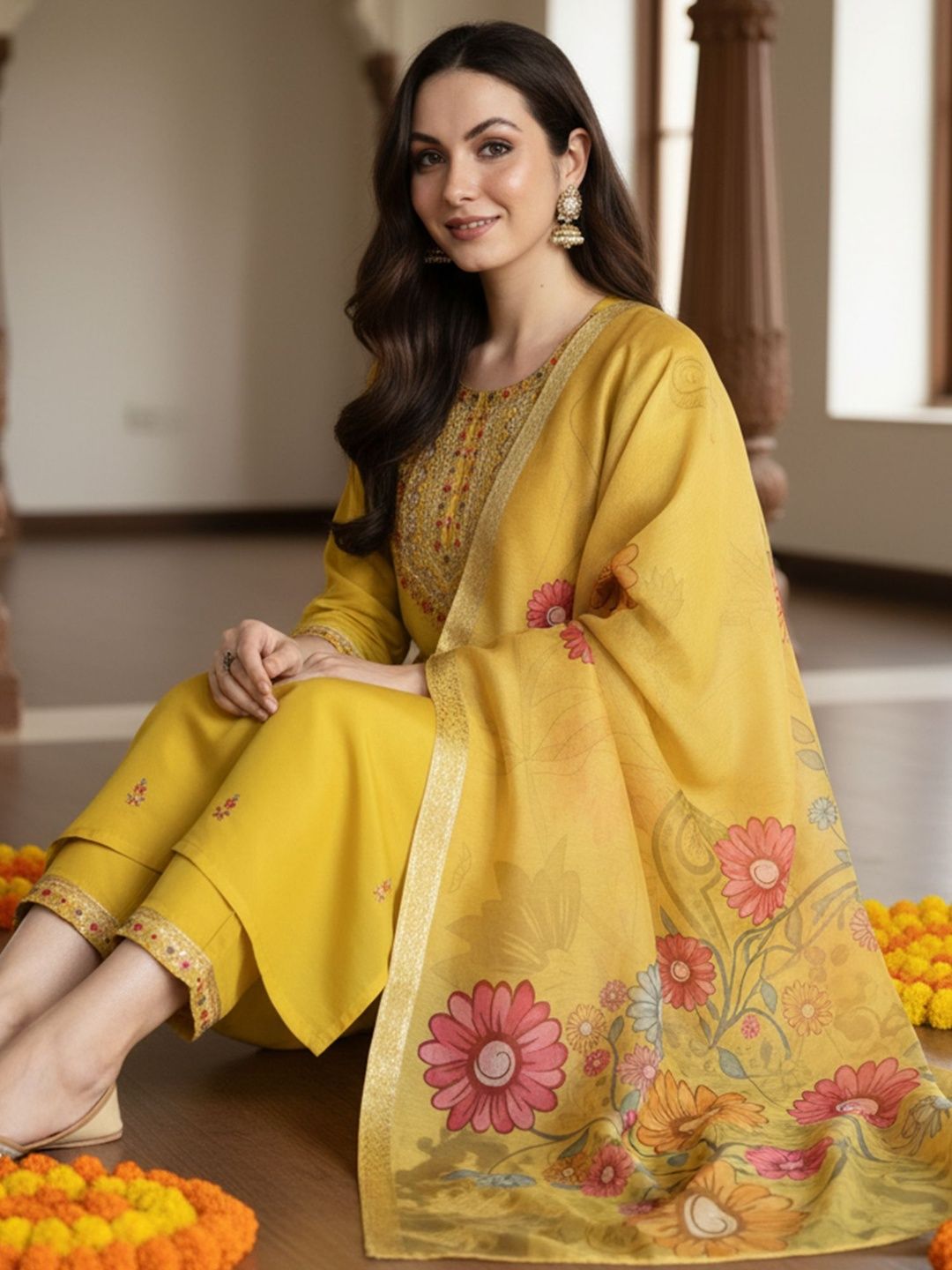 Floral Embroidered Thread Work Straight Kurta With Trousers & Dupatta