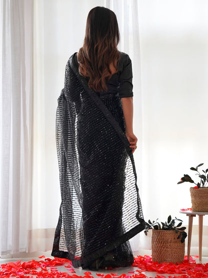 Women's Net Black Embellished Designer Saree With Blouse Piece