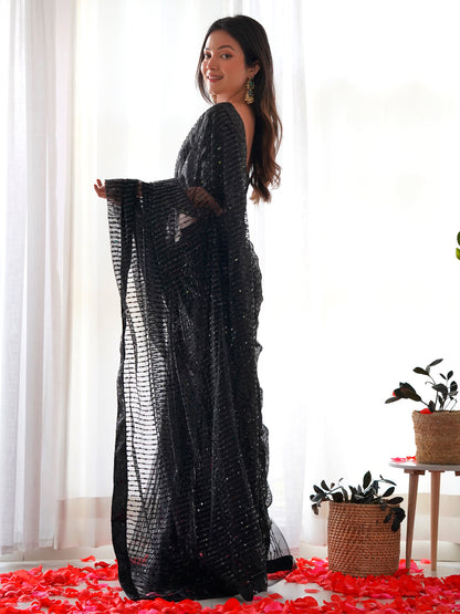 Women's Net Black Embellished Designer Saree With Blouse Piece