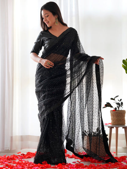 Women's Net Black Embellished Designer Saree With Blouse Piece