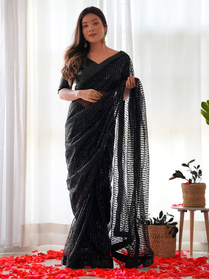 Women's Net Black Embellished Designer Saree With Blouse Piece