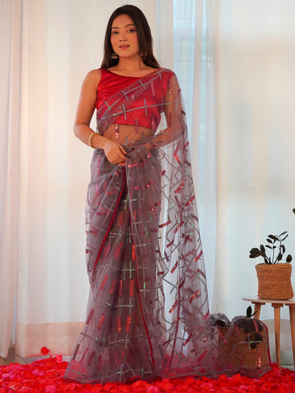 Women's Net Red Embellished Designer Saree With Blouse Piece