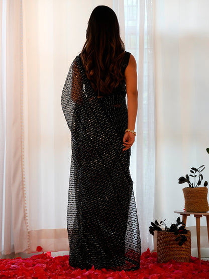 Women's Net Black Embellished Designer Saree With Blouse Piece