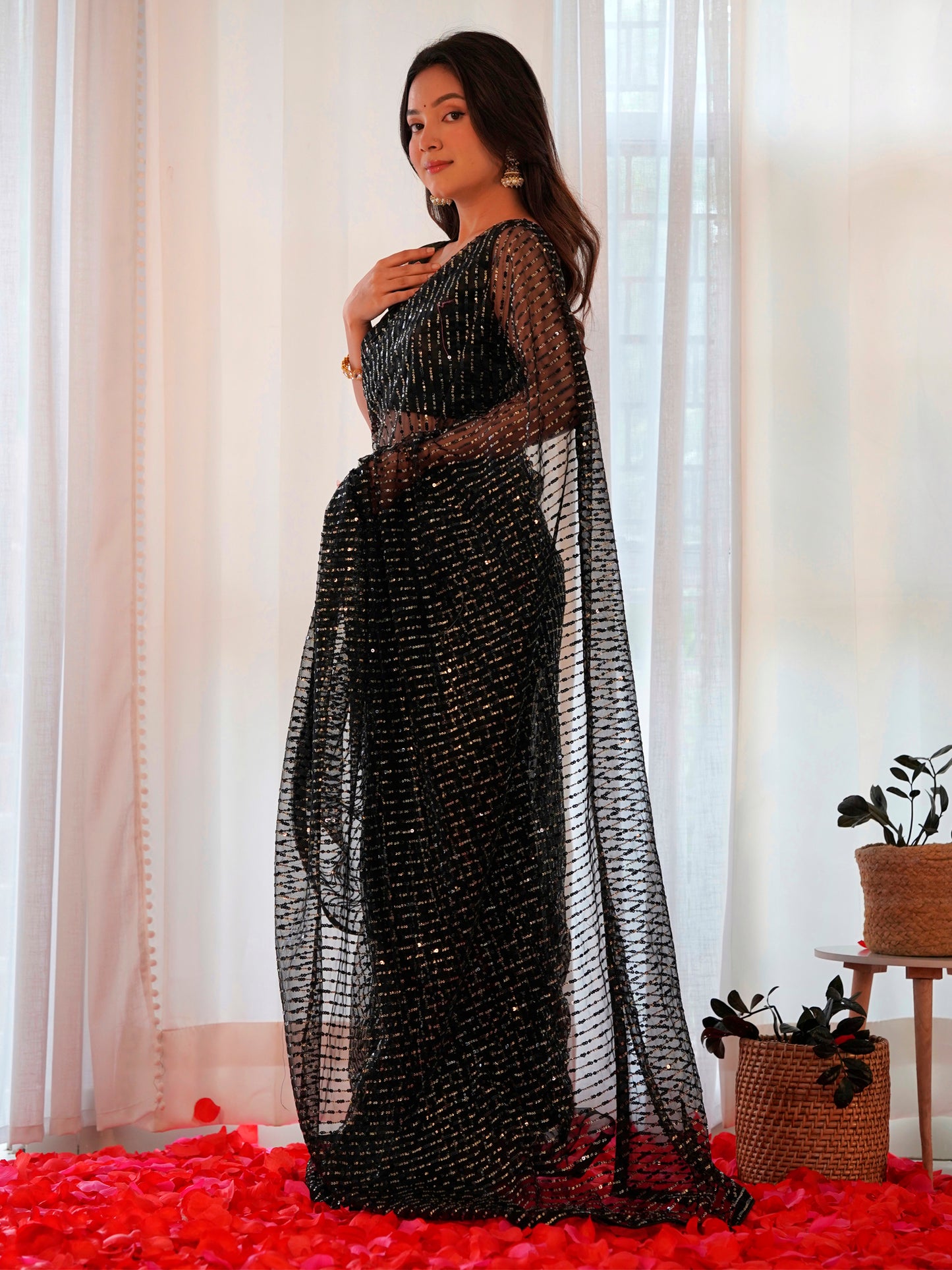 Women's Net Black Embellished Designer Saree With Blouse Piece