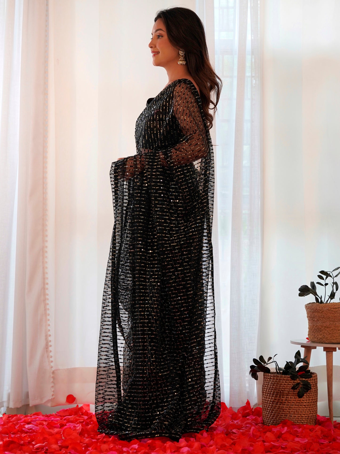 Women's Net Black Embellished Designer Saree With Blouse Piece