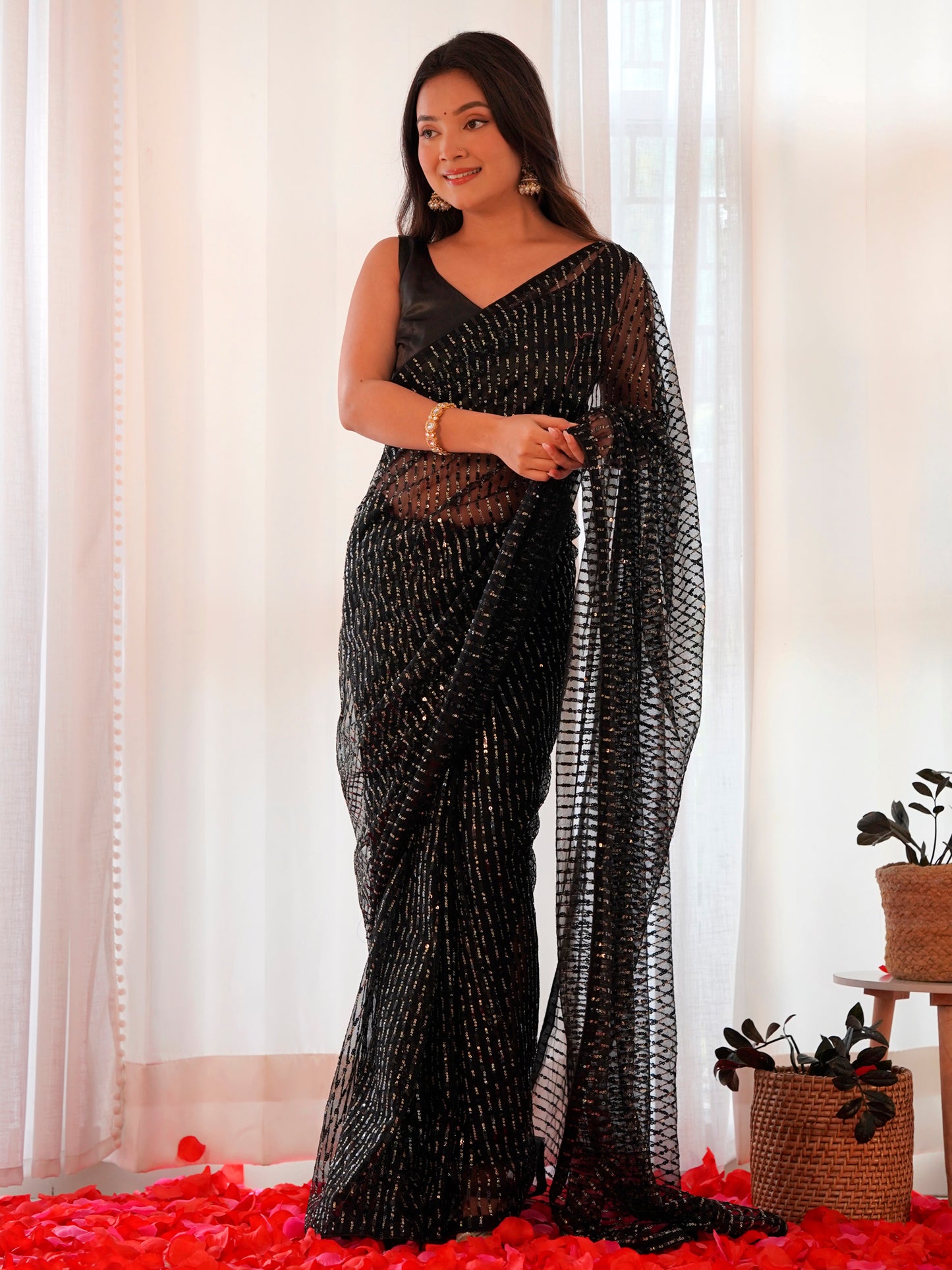 Women's Net Black Embellished Designer Saree With Blouse Piece