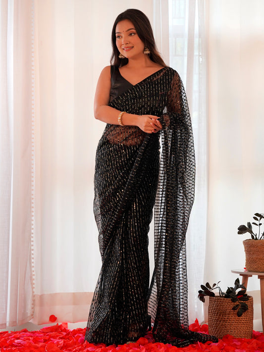 Women's Net Black Embellished Designer Saree With Blouse Piece