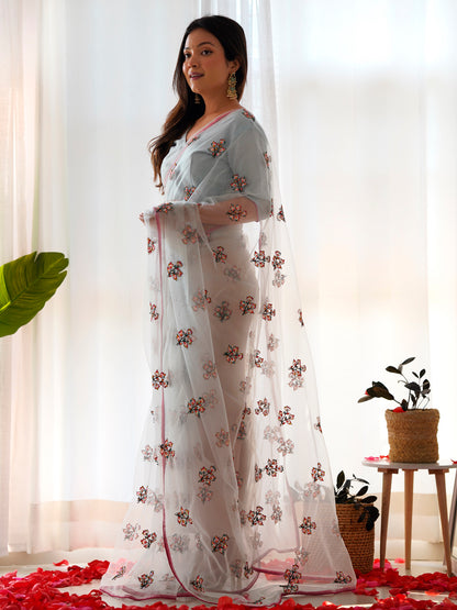Women's Net Light Blue Embellished Designer Saree With Blouse Piece