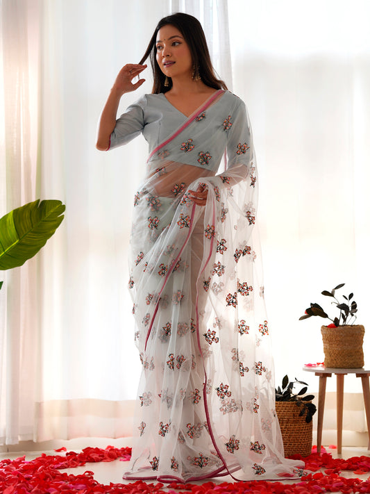 Women's Net Light Blue Embellished Designer Saree With Blouse Piece