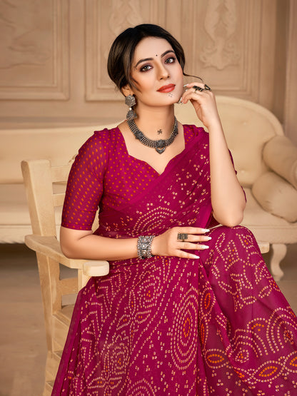 Women's Chiffon Pink Printed Designer Saree With Blouse Piece