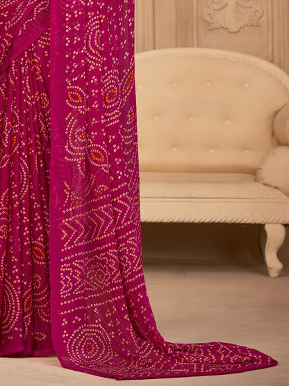 Women's Chiffon Pink Printed Designer Saree With Blouse Piece