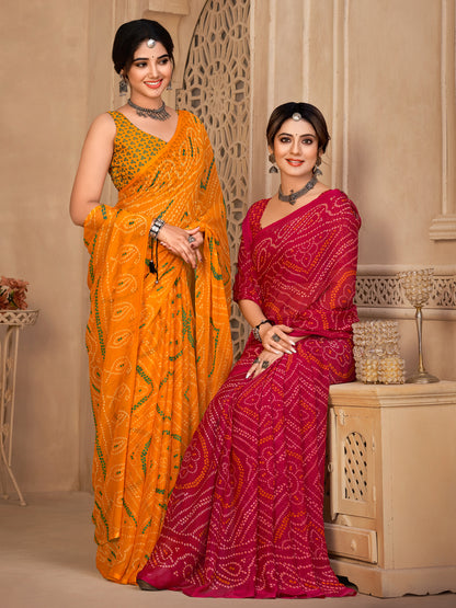 Women's Chiffon Pink Printed Designer Saree With Blouse Piece