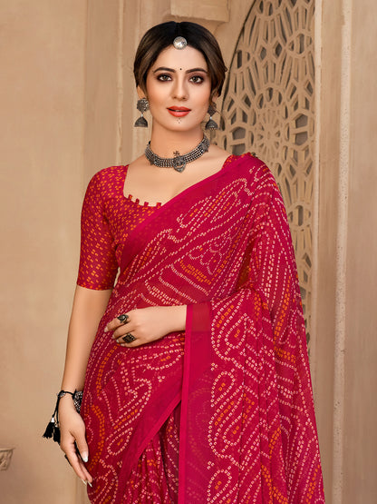 Women's Chiffon Pink Printed Designer Saree With Blouse Piece