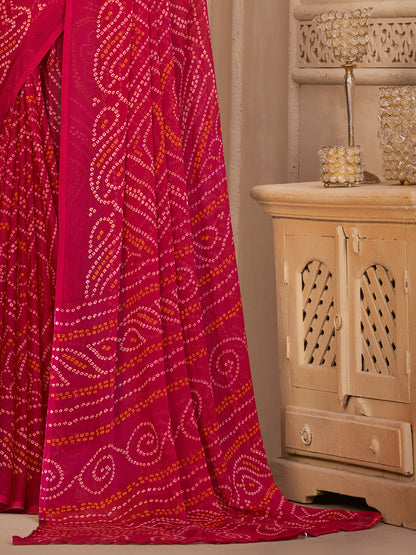 Women's Chiffon Pink Printed Designer Saree With Blouse Piece
