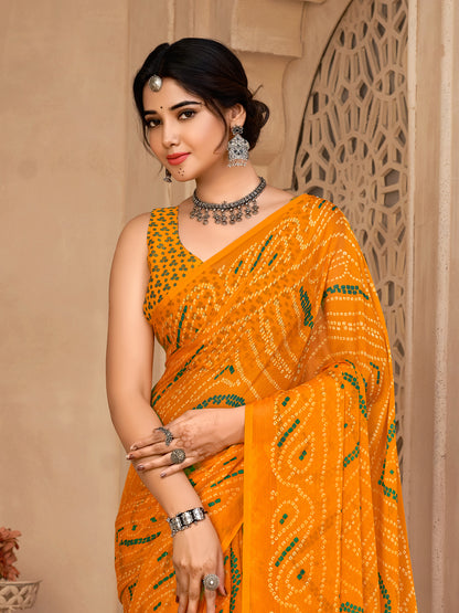 Women's Chiffon Yellow Printed Designer Saree With Blouse Piece