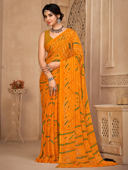 Women's Chiffon Yellow Printed Designer Saree With Blouse Piece