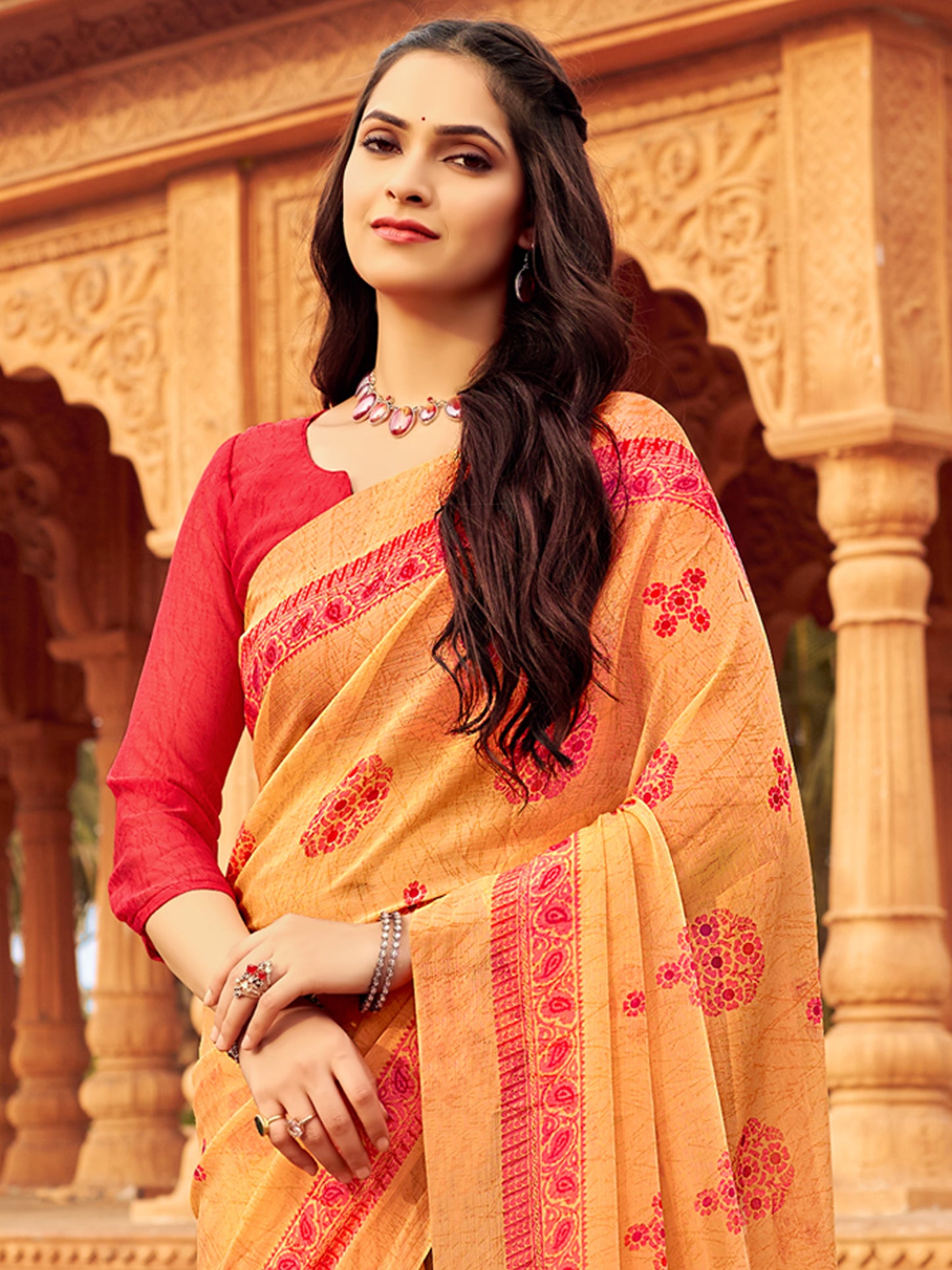 Women's Chiffon Orange Printed Designer Saree With Blouse Piece