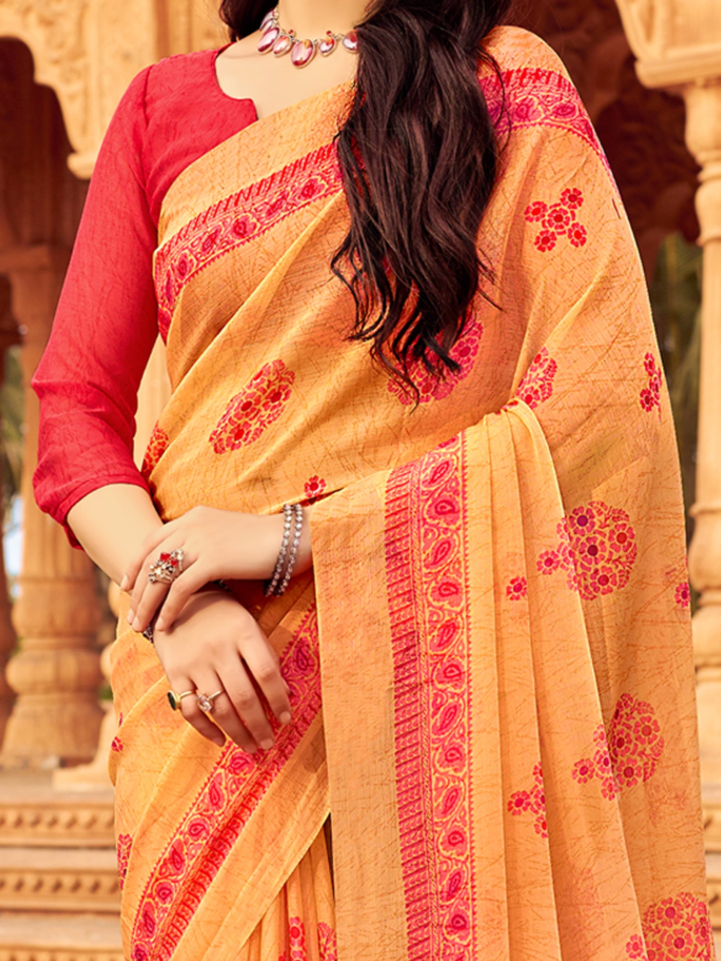 Women's Chiffon Orange Printed Designer Saree With Blouse Piece
