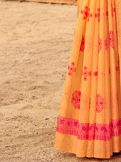 Women's Chiffon Orange Printed Designer Saree With Blouse Piece