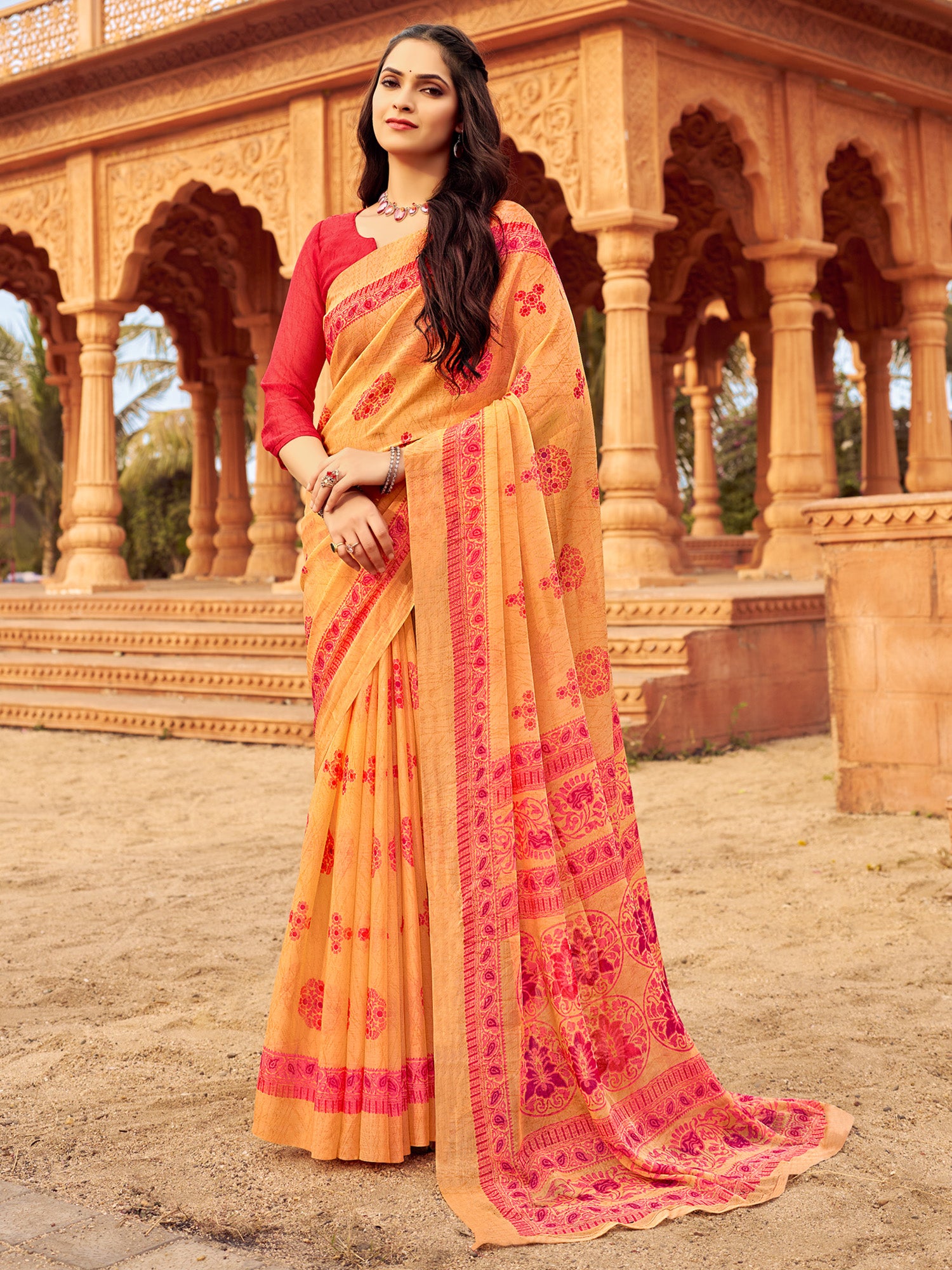 Women's Chiffon Orange Printed Designer Saree With Blouse Piece