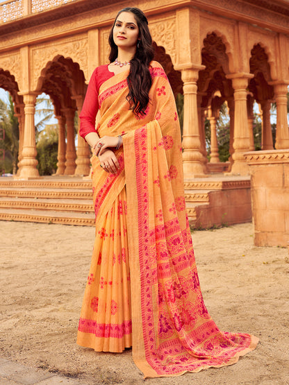 Women's Chiffon Orange Printed Designer Saree With Blouse Piece